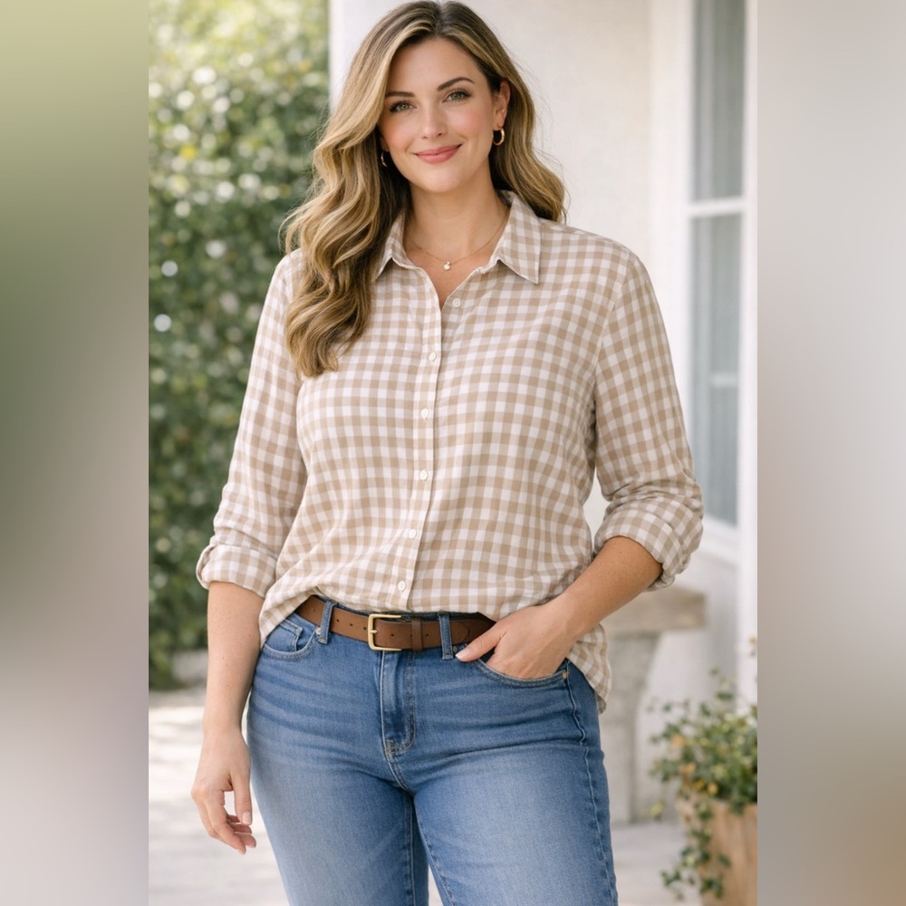 Garnet Hill 100% cotton oversized gingham beige Button Down Shirt | 10